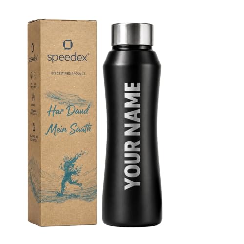 Image of Speedex Customised Stainless Steel Water Bottle 1 Ltr with Engraved Name - Personalised Screw Lid Bottle for Kids, Men & Women, School, Office, Gym, Black, Set of 1