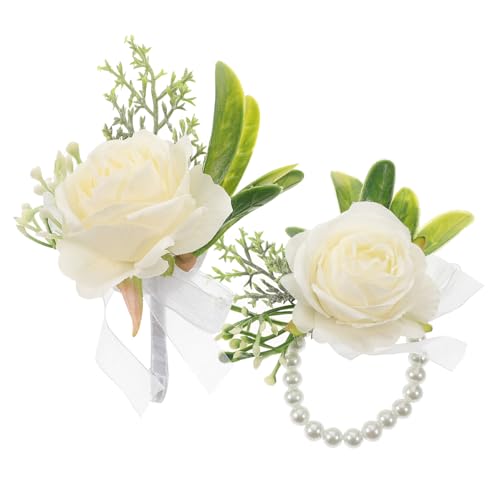 KESYOO 2PCS Wedding Bridesmaid Wrist Flower Corsage Handmade Silk Rose and Pearl Wristlet for Bridal Party