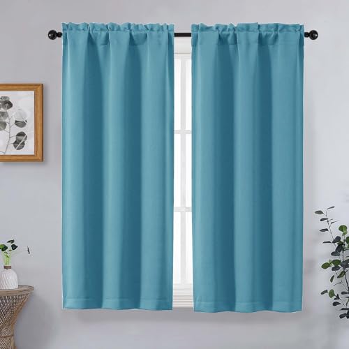 Image of Turquoise Short Blackout Curtains for Bedroom 45 Inches Long 2 Panels Set, Solid Thermal Insulated Blackout Curtains, Energy Saving Soft Fabric Window Drapes, Dual Rod Pocket, 2x40Wx45L Inches