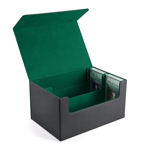 PSA BGS鑑定カード収納ケース 最大80枚収納可能 スクリューダウン 保管用2列ストレージボックス マグネット開閉式 ローダー デッキケース 大容量 PU レザー (黒内装緑)