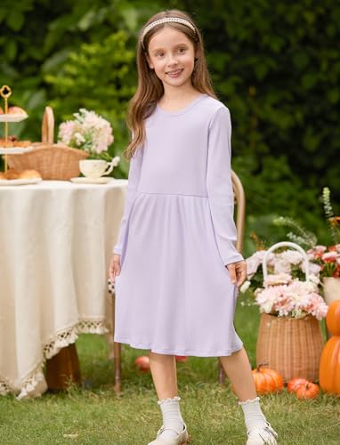PATPAT Kleinkind Mädchen Kleid Set Langarm, Kind Kleid Einschulung, Packung mit 2 Kleider Mädchen Festlich mit Schmetterlingsmuster für Geburtstag, Party, Bankett, Hochzeit, Urlaub, Lila Gr.128-134