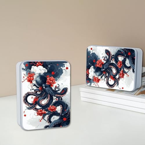Image of Metal Tin Box with Lid,Multi-functional Storage Large Box Can Store Tea Biscuits Game Cards, Playing & Tarot Cards-Comes with 4 Magnetic Cord Clips,Octopus with Red Flowers