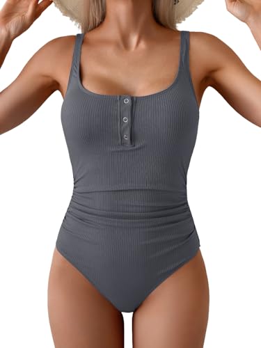 Image of B2prity One Piece Swimsuit for Women Tummy Control Ruched Slimming Bathing Suit Button Full Coverage Swimwear