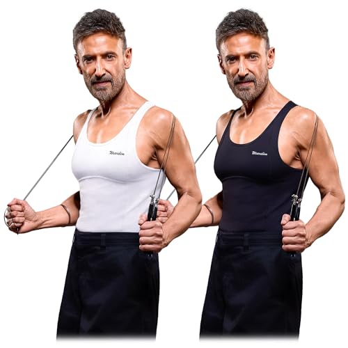 Image of Wearslim Premium Men's Super Combed Cotton Elastene Stretch Fabric Tummy Tucker Vest for Man with Extended Length for Easy Tuck | Gynecomastia Compression Body Shaper Vests for Men (Pack of 2 - B&W)