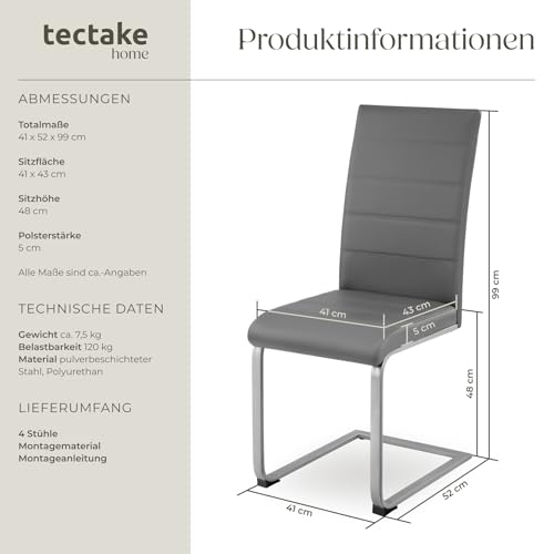 tectake® 4er Set Esszimmerstühle, Freischwinger Küchenstuhl mit Rückenlehne, Stühle für Esszimmer, Küchenstühle modern, Dining Chair, Polsterstuhl, Esstischstühle, Besucherstuhl - grau