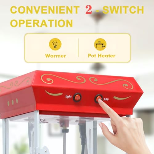 Image of Popcorn Machine with Cart, with Wheels & 6 Oz Pot Popcorn maker Equipped with Popcorn Scoops & Tools, Mobile Cart with Lockers for Commercial Home Movie Theater Vintage Style (Red)