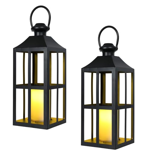 Bdor 2 Pack Black Metal Lantern with LED Candle, Battery Operated, 17.7 Inch Tall Decorative Candle...