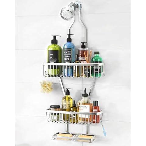 Shower Caddy Hanging Bathroom Organizer: Over Head Long Rack for Tall Showerhead - Extra Large Shelf for Big Shampoo Bottles with Soap Holder Cover