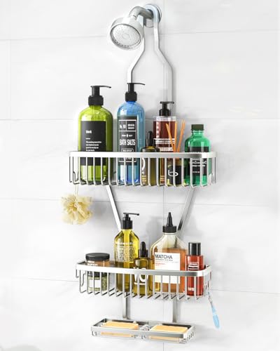 Shower Caddy Hanging Bathroom Organizer: Over Head Long Rack for Tall Showerhead - Extra Large Shelf for Big Shampoo Bottles with Soap Holder