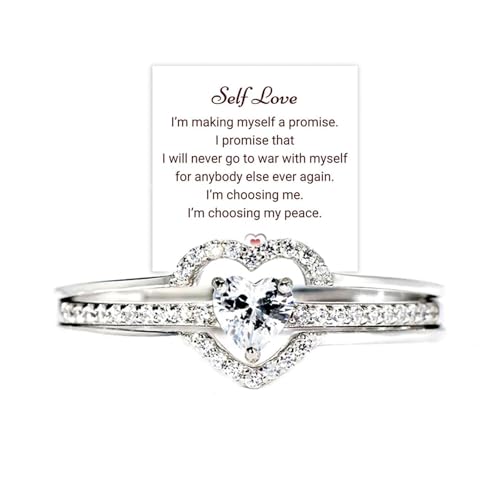 ZCVFA I Choose Me Layered Heart Rings S925 Self-Love Heart Rings Remind You That Self-Love Is The Best Kind Of Love Inspirational Encouraged Ring Jewelry Gift for Women Daughters(Silver 7)