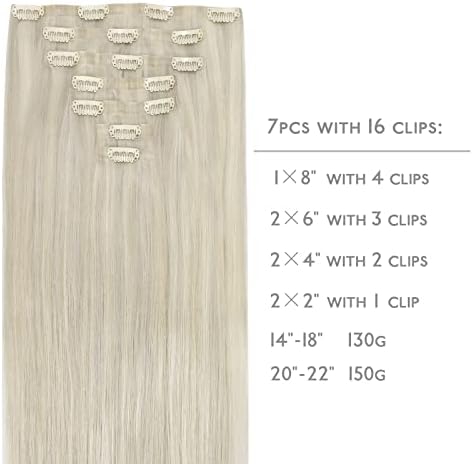 WENNALIFE Seamless Clip In Hair Extensions Human Hair, 12 Inch 80g 7pcs Ash Blonde Highlighted Platinum Blonde Real Hair Extensions Invisible PU Skin Weft Natural Remy Human Hair
