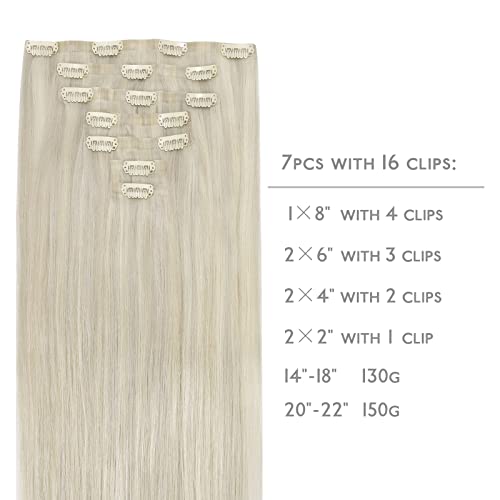 WENNALIFE Seamless Clip In Hair Extensions Human Hair, 12 Inch 80g 7pcs Ash Blonde Highlighted Platinum Blonde Real Hair Extensions Invisible PU Skin Weft Natural Remy Human Hair