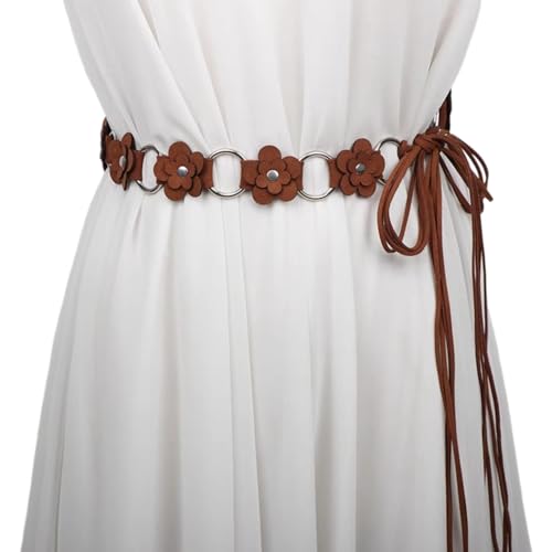 Women's Faux Leather Flower Waist Belts For Dresses -Boho Exotic Waistbands With Self-Tie Bow Tassel