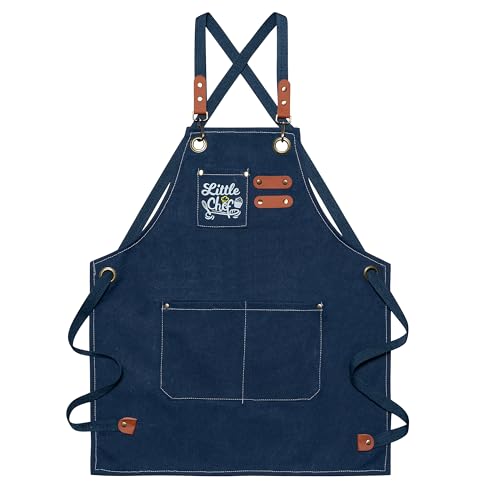 Kid Apron - Adjustable Blue Little Chef Children Kitchen Waterproof Canvas Apron with Pockets Dress up Role Play Chef Toy Funny Cooking Birthday Gift for Boys Girls Cooking Baking Painting Training