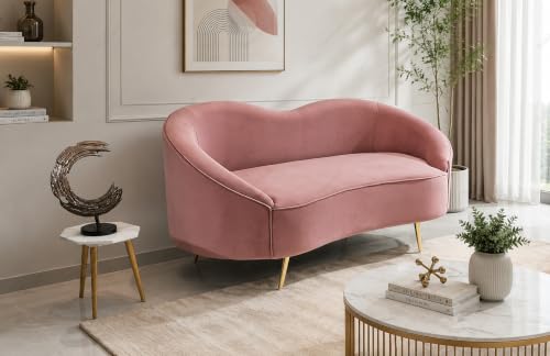 Image of Rosewood Luxury Curved Sofa in Premium Velvet-Fabric | Solid Wood Structure | High Density Foam | Sturdy Golden Legs | Comfortable & Stylish Couch for Modern Living Room (Rose Pink, 2 Seater)