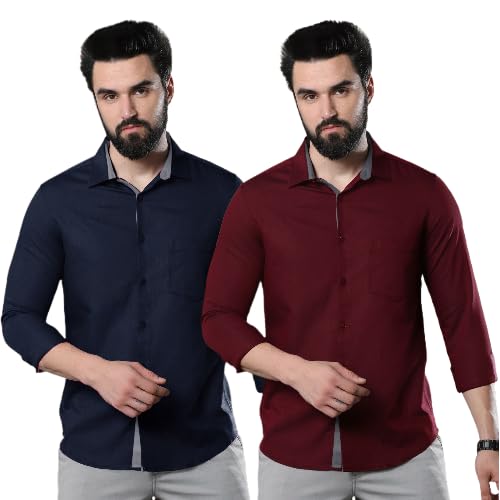 Image of Pinkmint Combo of Men Casual Cotton Blend Full Sleeves Formal Regular Slim Fit Plain Office Shirts