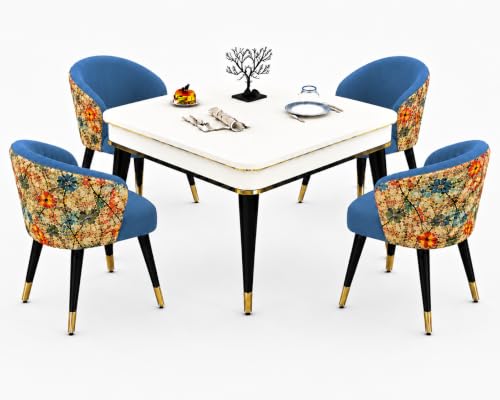 Image of WOODEN SPACE 4 Seater Wooden Dining Table Set | Urban Marble Top Dining Table with Chairs for Dining Room & Kitchen (Modern Classic Printed Blue) (42 x 42 x 30 inch)