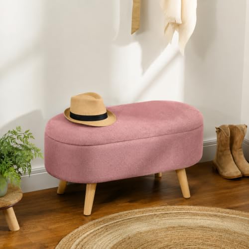 Image of Upholstered Ottoman Storage Bench, Premium Boucle Fabric, Heavy Duty 120 Kg Load Capacity, Multipurpose Seating for Living Room & Bedroom, Pink