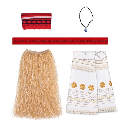 CHACITO Island Princess Costume for Women, 5PCS Adult Tropical Adventure Halloween Cosplay Set Red Tube Top, Printed Wrap Skirt, Raffia Grass Skirt, Waist Sash and Necklace, S