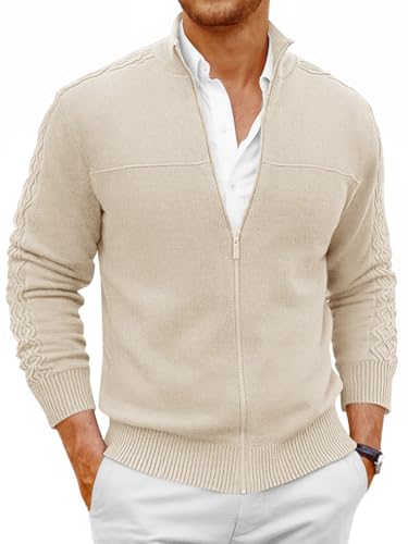 Runcati Mens Full Zip Cardigan Sweater Casual Mock Neck Cable Knitted Winter Chunky Sweaters Beige