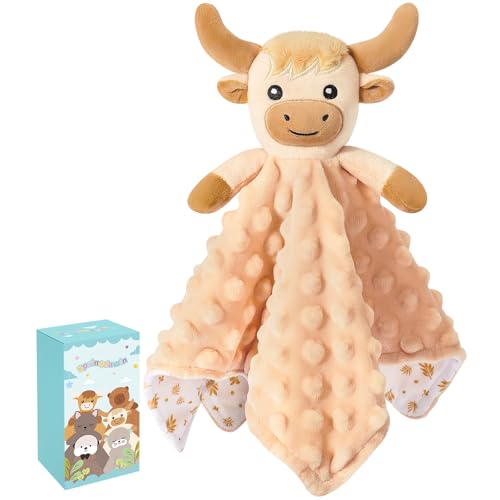 Sprinqdawin Loveys for Babies Kawaii Highland Cow Baby Security Blanket for Newborn Infant Toddler Snuggle Toy Stuffed Animal Lovey Highland Cow Security Blankets Baby Gifts Unisex Birthday Beige 12in