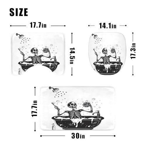 Image of 4PCS Funny Skull Skeleton Halloween 71Wx71H Inches Gothic Black White Shower Curtain Sets with Rugs, Toilet Lid Cover and Bath Mat, Spooky Bath Accessories Art Home Decor Fabric 12 Pack Hooks