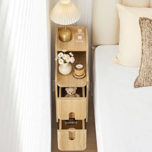 Image of FurSch Narrow Nightstand, Wooden 2 Drawer, Natural, Set of 2
