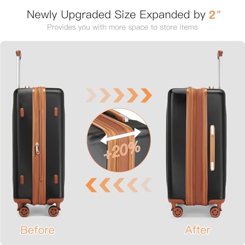 Image of Kono 24 Inch Expandable Checked Luggage Medium Size Suitcase for Travel | Lightweight PC+ABS hardshell suitcase with spinner wheels, TSA lock medium luggage for 4-7 day travel, Black & Brown