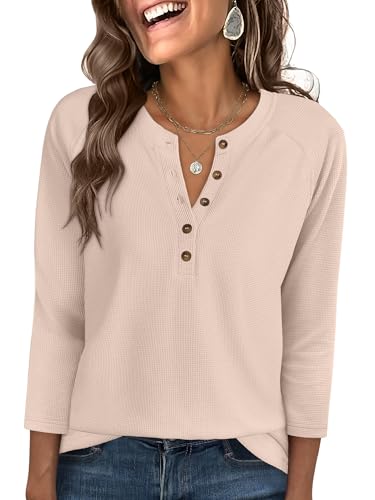 ANRABESS Women's 3/4 Sleeve Waffle Knit Tops V Neck Dressy Casual Button Loose Henley Shirts 2026 Spring Basic Tee Blouse Parchment Small