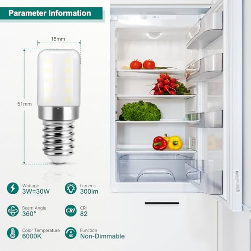Image of DiCUNO E14 LED SES LED Fridge Bulb, 3W (30W Halogen), Cool White 6000K, 300LM, Non-Dimmable E14 Small Edison Screw Lamps for Home Lighting /Refrigerator /Cooker Hood /Night Light, Pack of 2