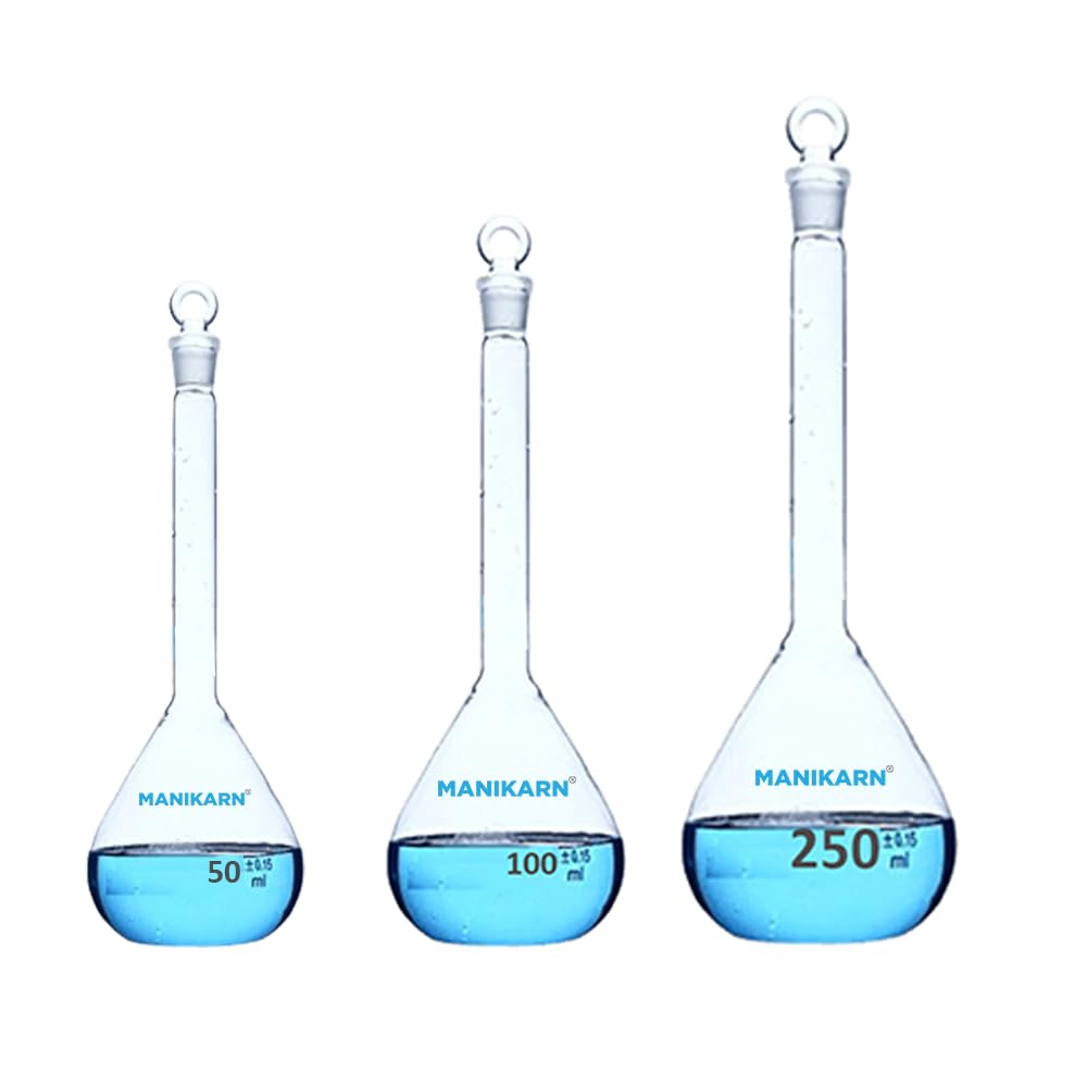 MANIKARN Borosilicate Glass Volumetric Flask with Glass Stopper 50 ml 100 ml 250 ml (Set of 3 Piece)-image-3