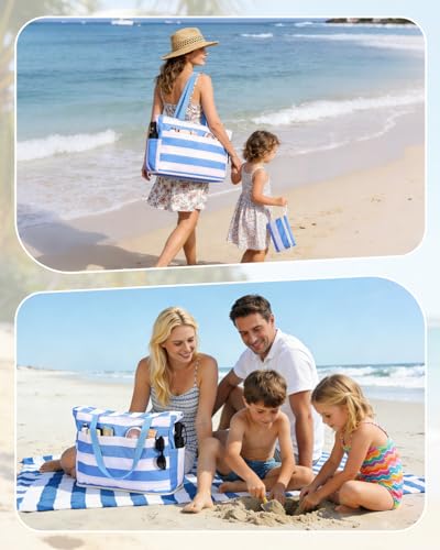 Image of WANDF Beach Bags for Women, Large Waterproof Sandproof Beach Tote Bag with Zipper Family Pool Bags with 40oz Tumbler Pocket, Swim Cruise Vacation Essentials (Blue)