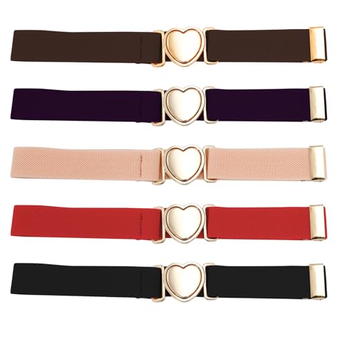 5PCS Girls Elastic Waist Belt with Heart-Shaped Metal Buckle, Adjustable Belts for Kids Size 15-30