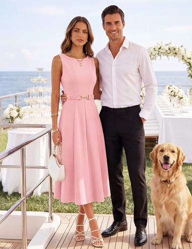 Image of ZESICA Women Summer Sleeveless Midi Dresses 2026 Elegant Boat Neck A Line Tie Waist Spring Cocktail Party Dress