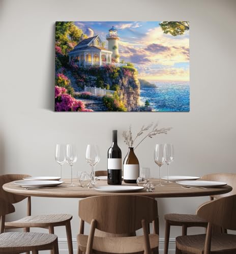 Thomas Kinkade Inspired Landscape Wall Art Classic American Countrystyle Framed Canvas Painting Artwork for Home Bedroom Office Decor Ready to Hang (Seaside Garden Villa, 24x16, Wrapped Canvas) - Image 4