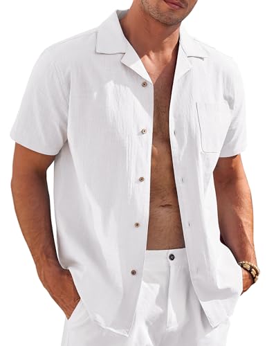 Chemise courte coton et lin homme COOFANDY casual beige