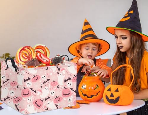 Image of Rectangular Halloween Basket for Boys and Girls Kids Trick or Treat Pumpkin Basket for Halloween Parties Cute Storage Bin Organizer Box Room Decor(Pink ghost pumpkin)