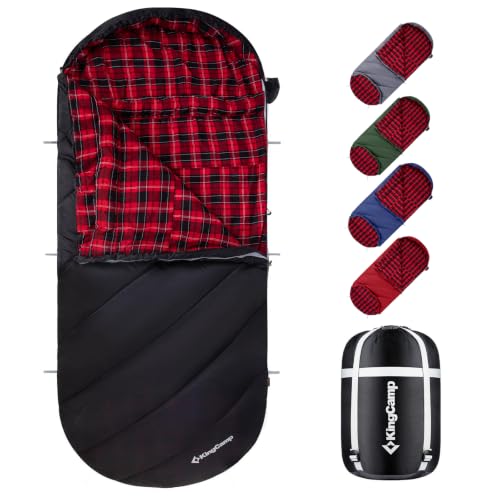 KingCamp Camping Sleeping Bag- XL with Hood, Extra Tall Big Wide 100% Cotton Flannel Lined Portable...