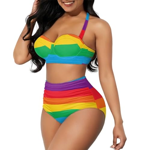 Women Two Piece Swimsuit High Waisted Tummy Control Bikini Sets Halter Ruched Swimwear