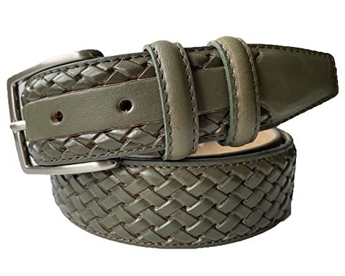 MENS ITALIAN HAND MADE LEATHER BRAID WEAVED EMBOSSED 35MM TROUSER BELT CASUAL FORMAL