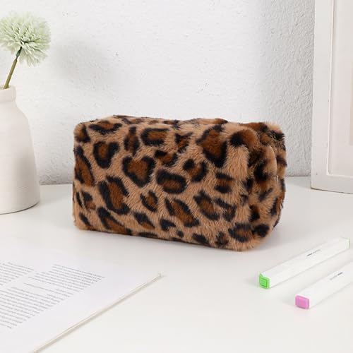 Checkered Makeup Bag Plush Cosmetic Bag Asthetic Plaid Handbags Cute Zipper Travel Toiletry Bag Soft Storage Pouch Pencil Case Bag for Women Girls (Leopard print-E)2
