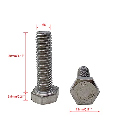 Image of M8 Hex Bolt, M8-1.25 x 30mm Hex Head Screw Bolts, 304 Stainless Steel, Fully Threaded, Plain Finish, Hex Tap Bolts 15Pcs (M8x30mm)