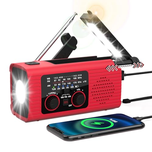 Emergency Weather Radio, 4000mAh NOAA Weather Alert Radio Solar Charging, Hand Crank & USB Charged, AM/FM with LED Flashlight, Reading Lamp, SOS Alarm, Headphone Jack for Outdoor Indoor