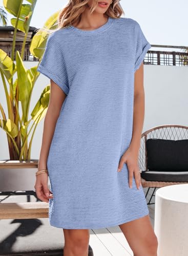 Image of EVALESS Womens Summer Dresses 2026 Fashion Short Sleeve Cute Spring Mini Dress Crewneck Casual Beach Vacation Dresses