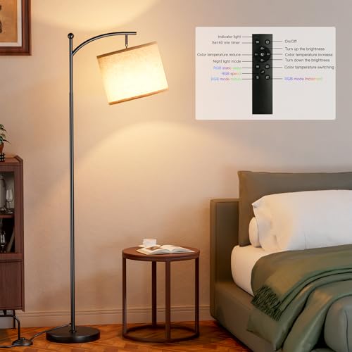 Image of Ambimall Floor Lamp with Smart Light Bulb, RGB + Color Temperatures Bright Dimmable (Beige Shade & Black Pole)