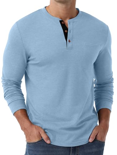 Sailwind Men's Henley Shirts Long Sleeve Cotton Button T-Shirt Casual Stylish Classic Pullover Shirt with Pocket Light Blue