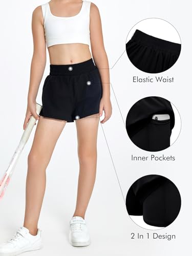 Haloumoning Short atlético feminino cintura alta elástico 2 em 1 shorts de corrida com bolsos latera