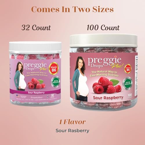 Image of Three Lollies Preggie Drops Plus Pregnancy Nausea Relief Drops with 10 mg Vitamin B6 and Essential Oils, Morning Sickness and Queasy Stomach Support for Pregnant Women, Sour Raspberry, 100 Count