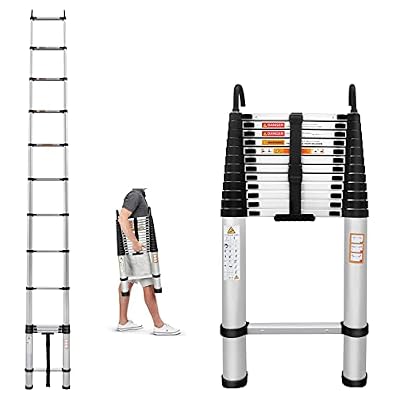 Aluminum Telescoping Ladder with 2 Hooks - 16.4ft Folding Ladder, 12 Steps, 330lbs Load Capacity, Easy to Store and Portable for Home and Attic