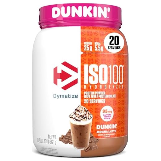 Dymatize ISO100 Hydrolyzed Protein Powder in Dunkin' Mocha Latte Flavor, 100% Whey Isolate, 25g Protein, 95mg Caffeine, 5.5g BCAAs, Gluten Free, Fast Absorbing, Easy Digesting, 20 Servings